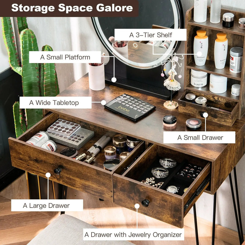 Vanity Table Set with Lighted Mirror and Cushion Stool-Brown by DirectDeals