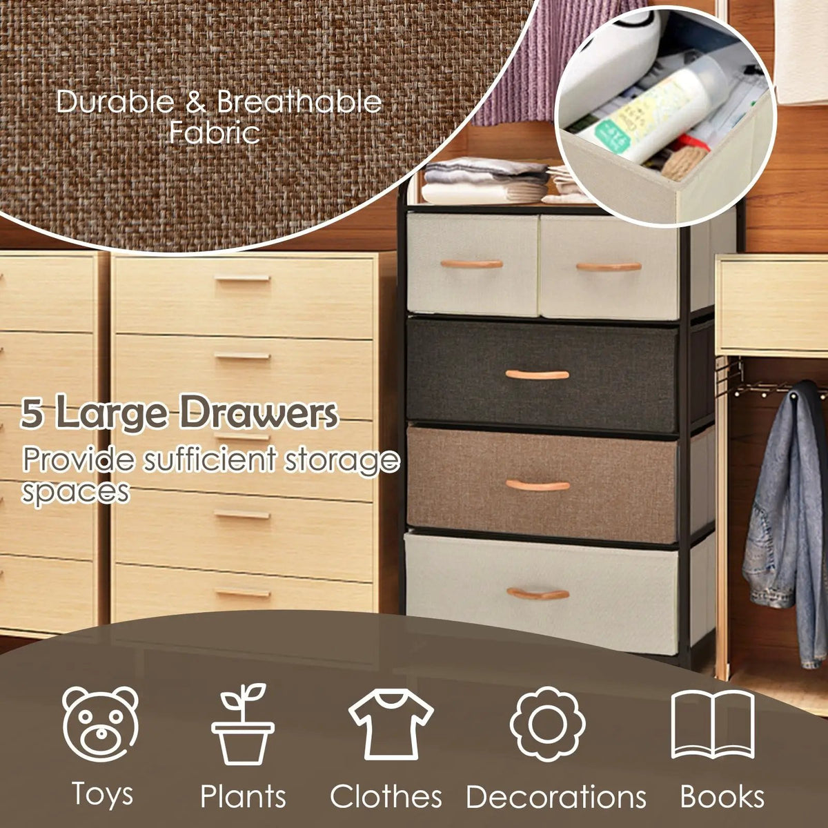 4-Tier Organizer Tower Steel Frame Wooden Top Storage with 5-Drawer Dresser, photo 6 of 9