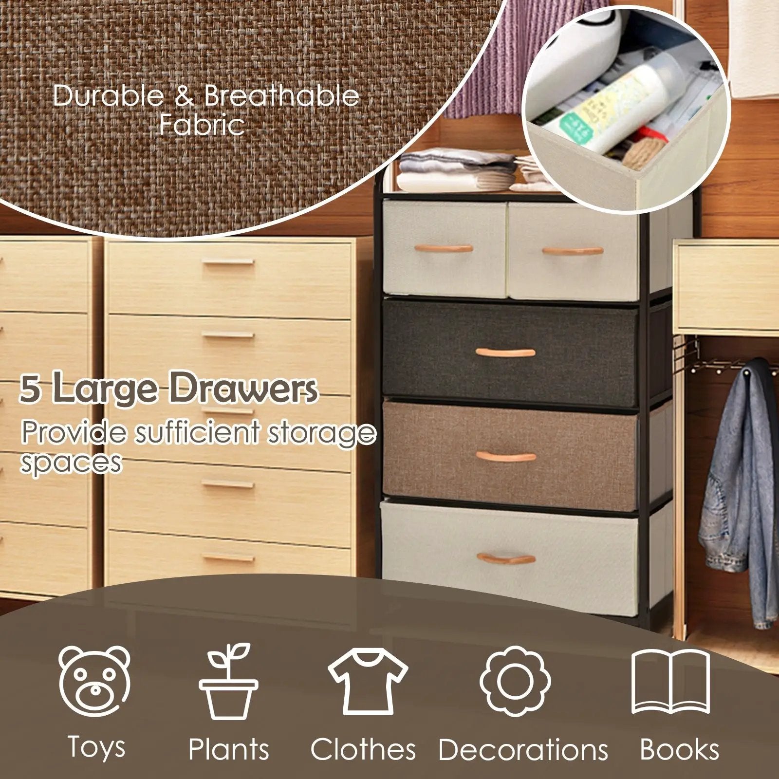 4-Tier Organizer Tower Steel Frame Wooden Top Storage with 5-Drawer Dresser by DirectDeals