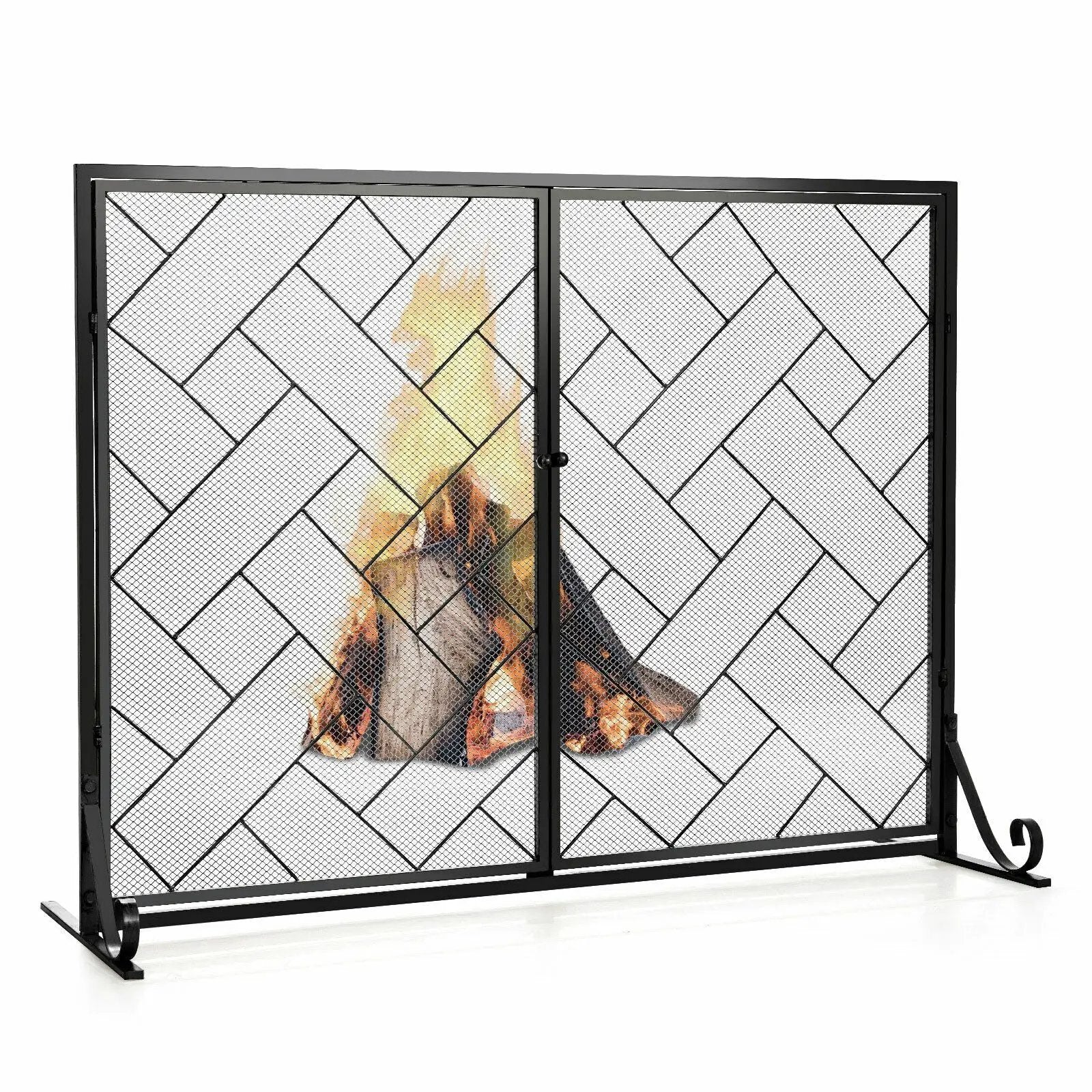 2-Panel Fireplace Screen Folding Metal Fire Place Safety Fence with Magnetic Doors by DirectDeals
