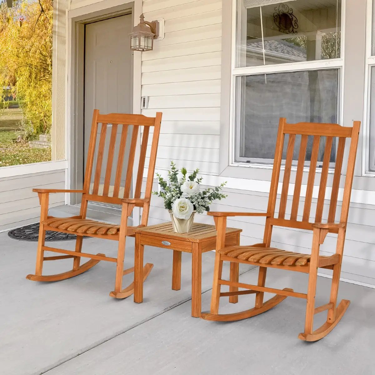 3 Pieces Eucalyptus Rocking Chair Set with Coffee Table by DirectDeals
