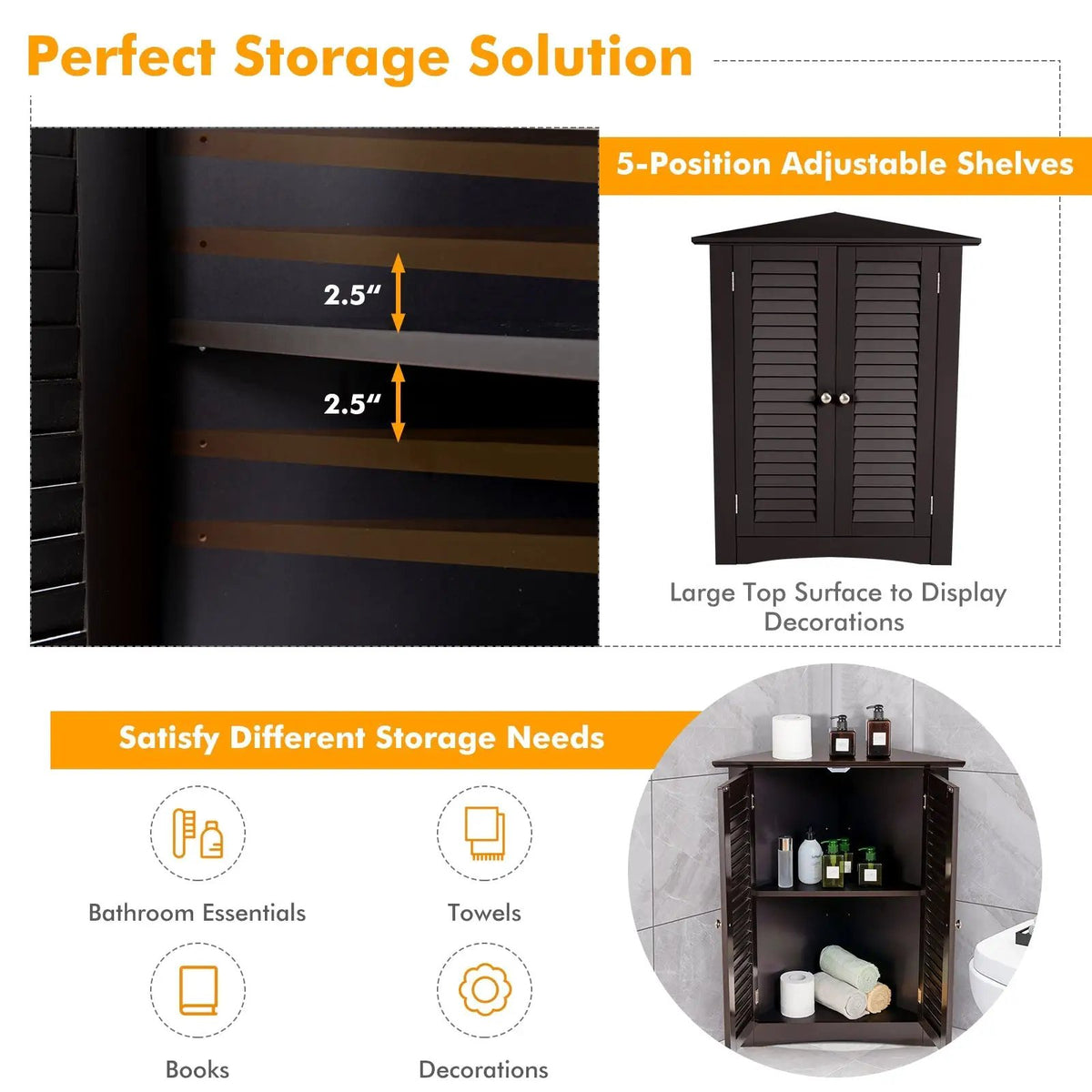 Bathroom Corner Storage Freestanding Floor Cabinet with Shutter Door, photo 6 of 24