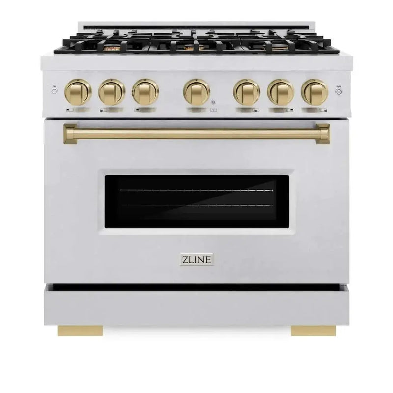 ZLINE 36" Classic Gas Range, Convection Gas Oven DuraSnow® Stainless Steel, Champagne Bronze CGRSZ-36-CB by Farmhouse Kitchen and Bath