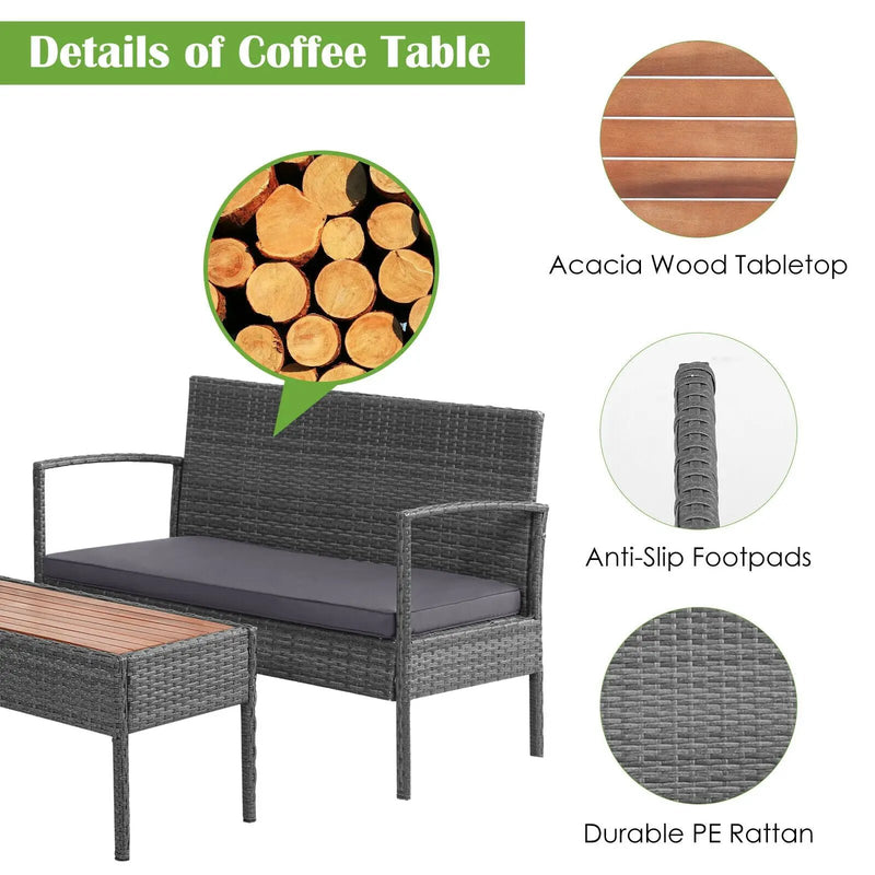 4 Pieces Rattan Patio Conversation Furniture Set with Acacia Wood Tabletop by DirectDeals