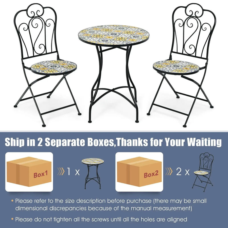 3 Pieces Patio Bistro Mosaic Design Set with Folding Chairs and Round Table by DirectDeals