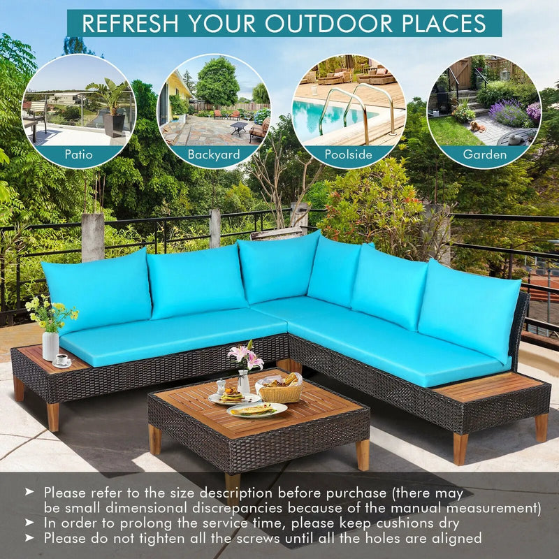 4 Pieces Patio Cushioned Rattan Furniture Set with Wooden Side Table by DirectDeals