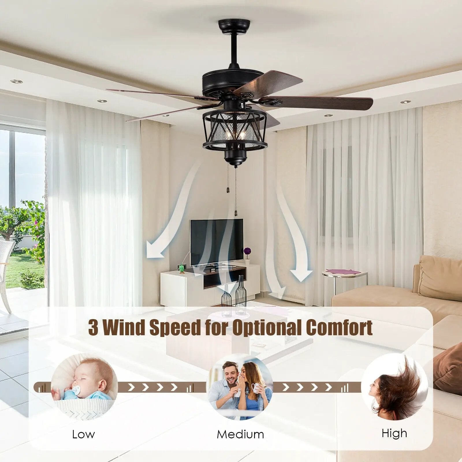50 Inches Ceiling Fan with Lights Reversible Blades and Pull Chain Control-Black by DirectDeals