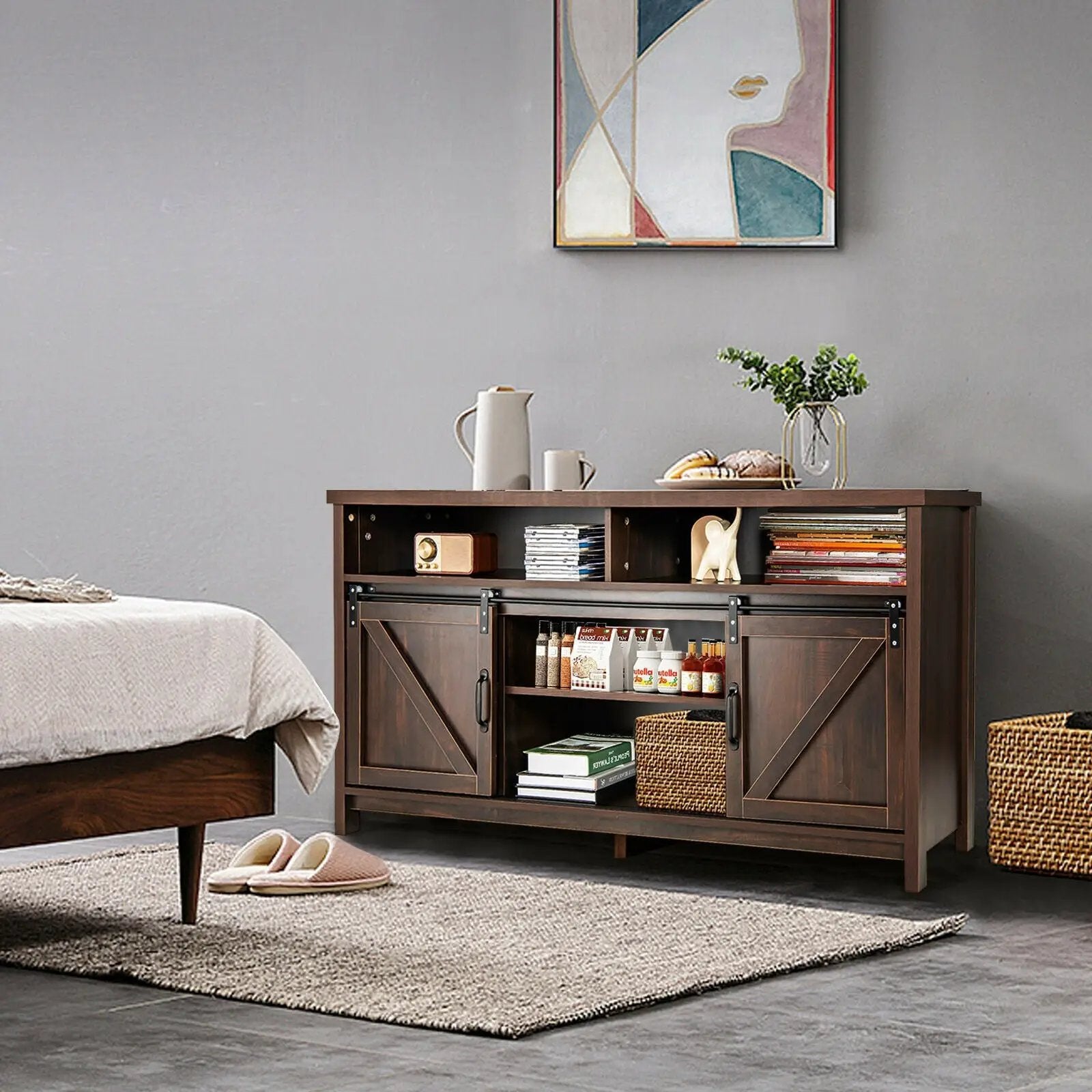 59 Inch Sliding Barn Door TV Stand with Adjustable Shelves for TVs up to 65 Inch by DirectDeals