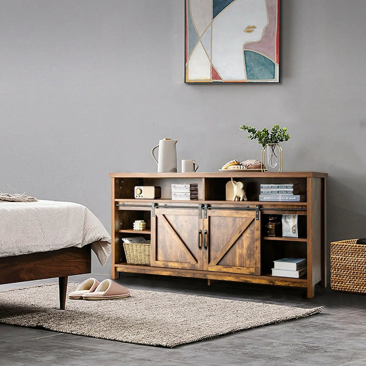 59 Inch Sliding Barn Door TV Stand with Adjustable Shelves for TVs up to 65 Inch, photo 15 of 24