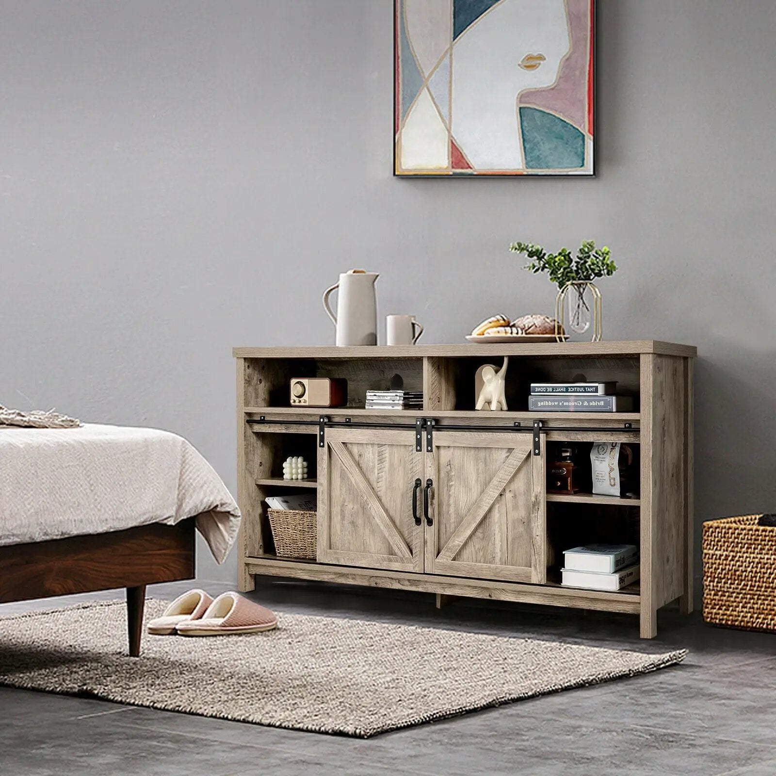 59 Inch Sliding Barn Door TV Stand with Adjustable Shelves for TVs up to 65 Inch by DirectDeals