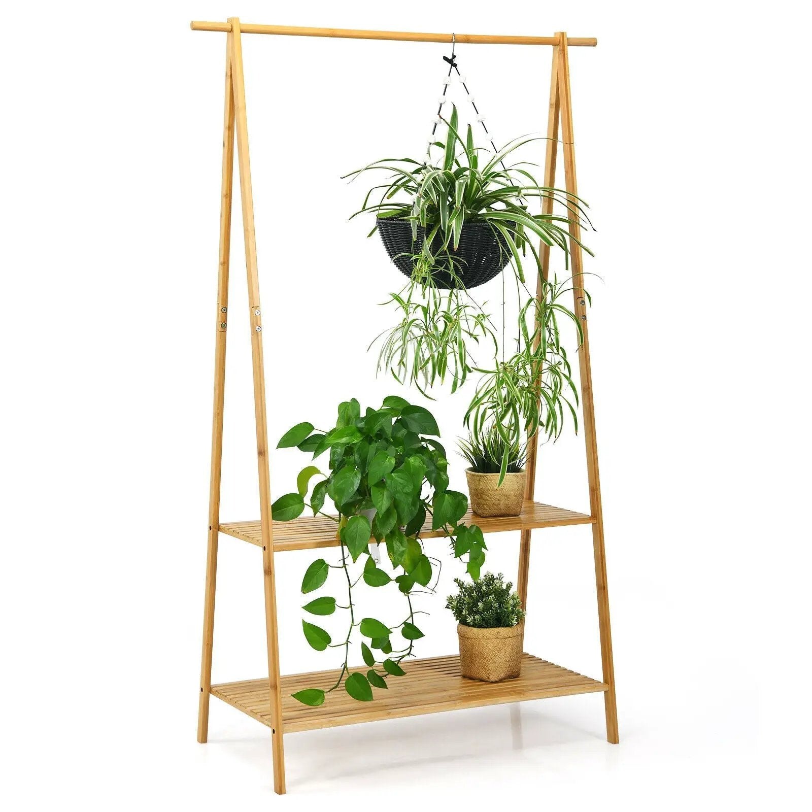 Bamboo Clothes Hanging Rack with 2-Tier Storage Shelf for Entryway Bedroom-Natural by DirectDeals