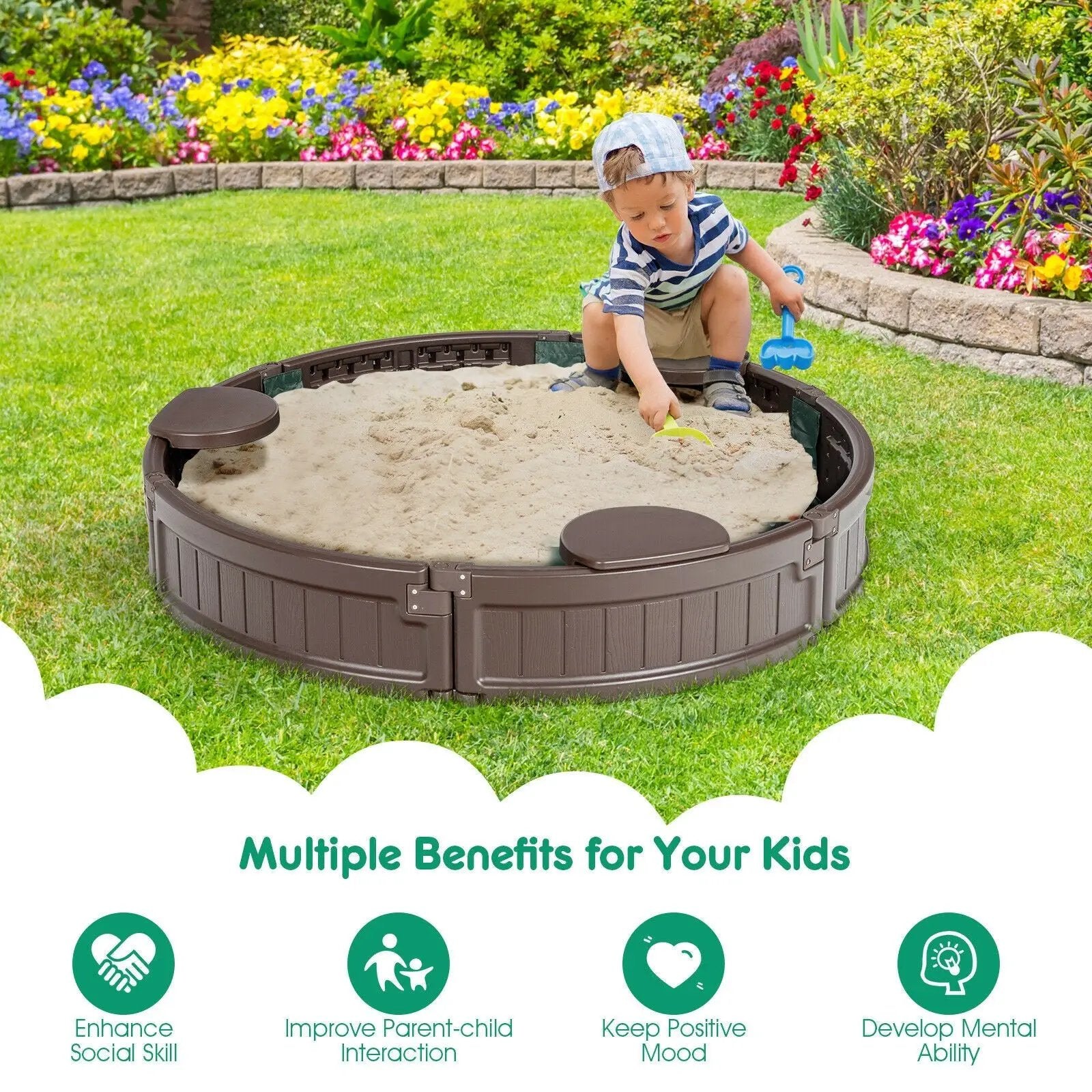 Sandbox with Built-in Corner Seat and Cover-Brown by DirectDeals