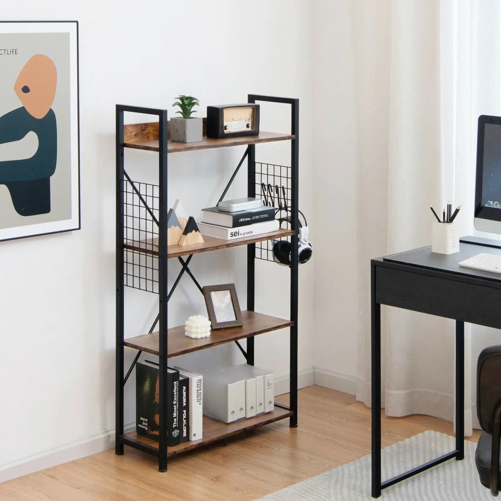 4 -Tier Industrial Open Storage Bookshelf-Coffee by DirectDeals