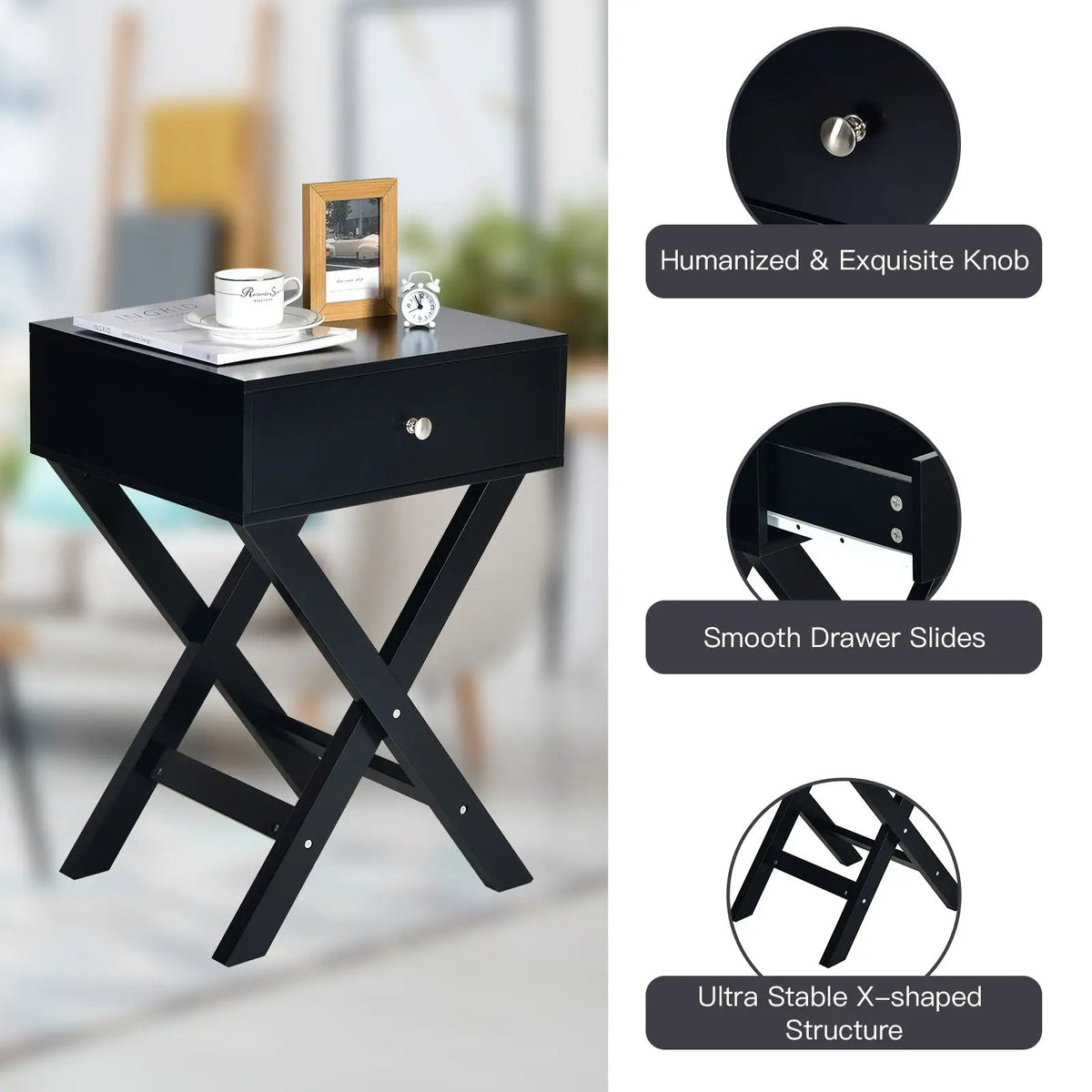 Modern X-Shaped Nightstand with Drawer for Living Room Bedroom, photo 4 of 16