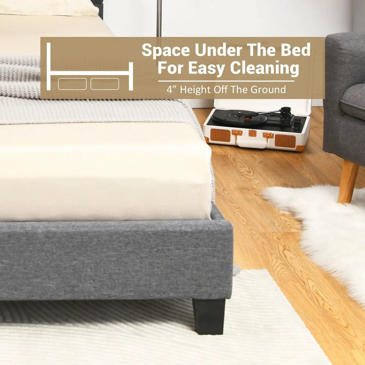 Full/Queen Size Upholstered Platform Bed Frame with Linen Headboard, photo 3 of 16