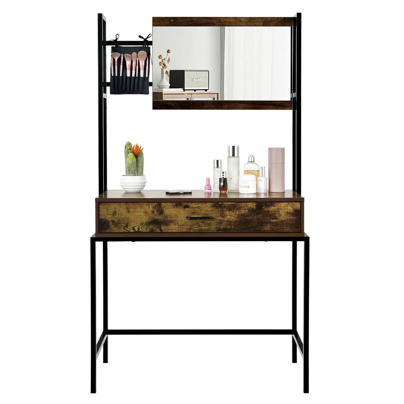 Industrial Vanity Table with 3-Height Adjustable Mirror Bag-Brown by DirectDeals
