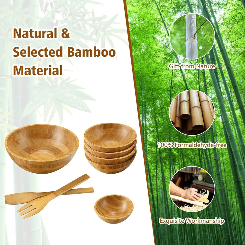 8 Pieces Bamboo Salad Bowl Set with Server Utensils-Natural by DirectDeals