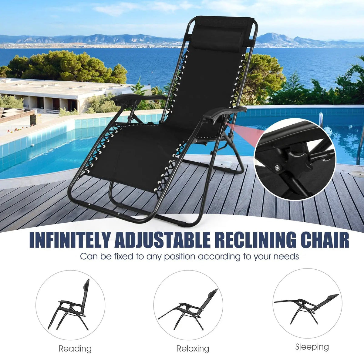 3 Pieces Folding Portable Zero Gravity Reclining Lounge Chairs Table Set, photo 2 of 11
