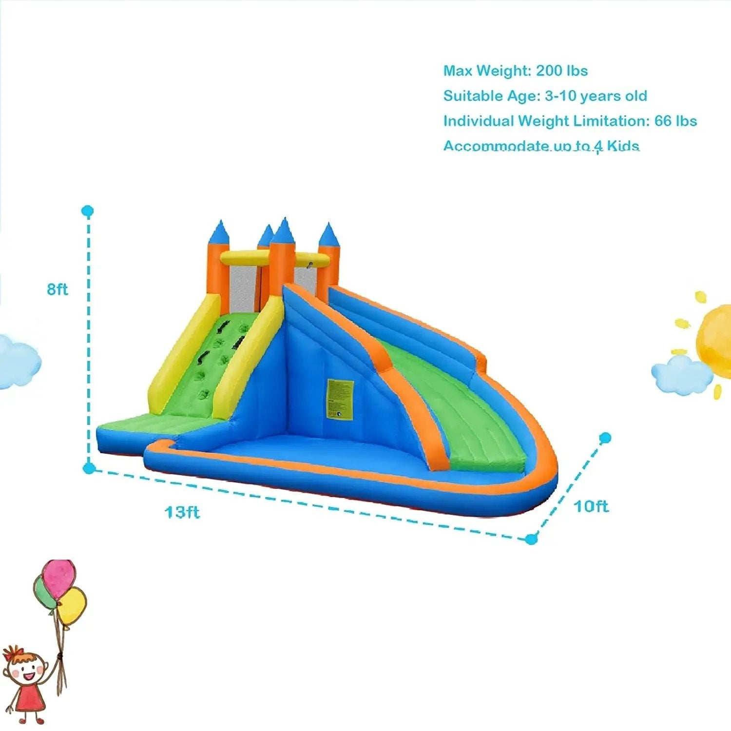 Kids Inflatable Water Slide Bouncing House with Carrying Bag and 480W Blower by DirectDeals