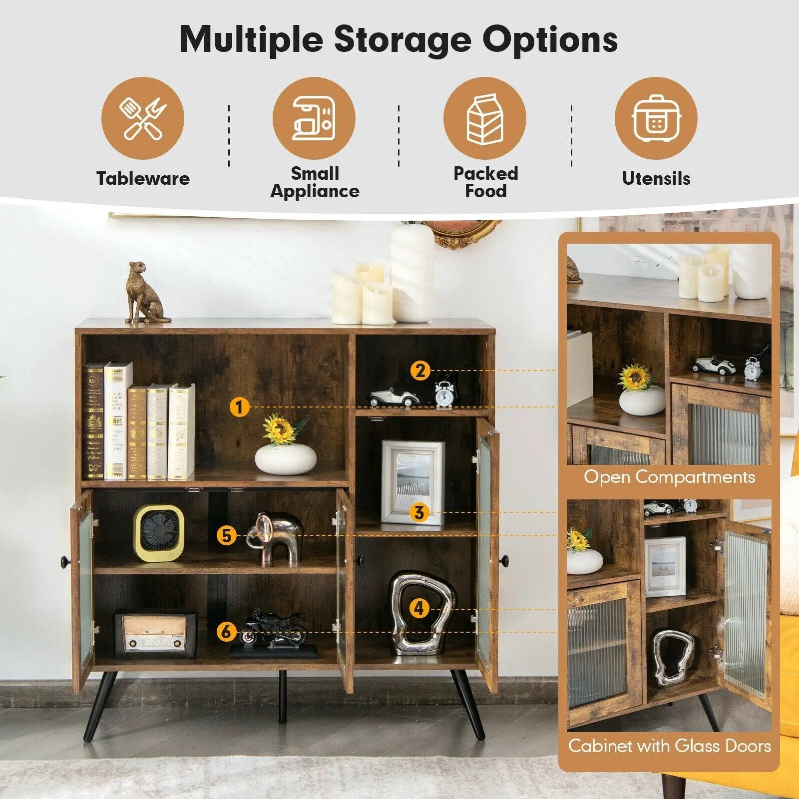Buffet Kitchen Storage Cupboard with Glass Door and Adjustable Shelves-Rustic Brown by DirectDeals