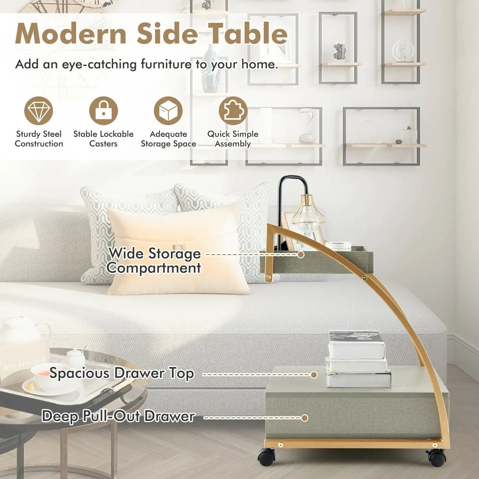 Modern 2-Tier Rolling End Table with Tray Top and Pull-Out Drawer-Gray by DirectDeals