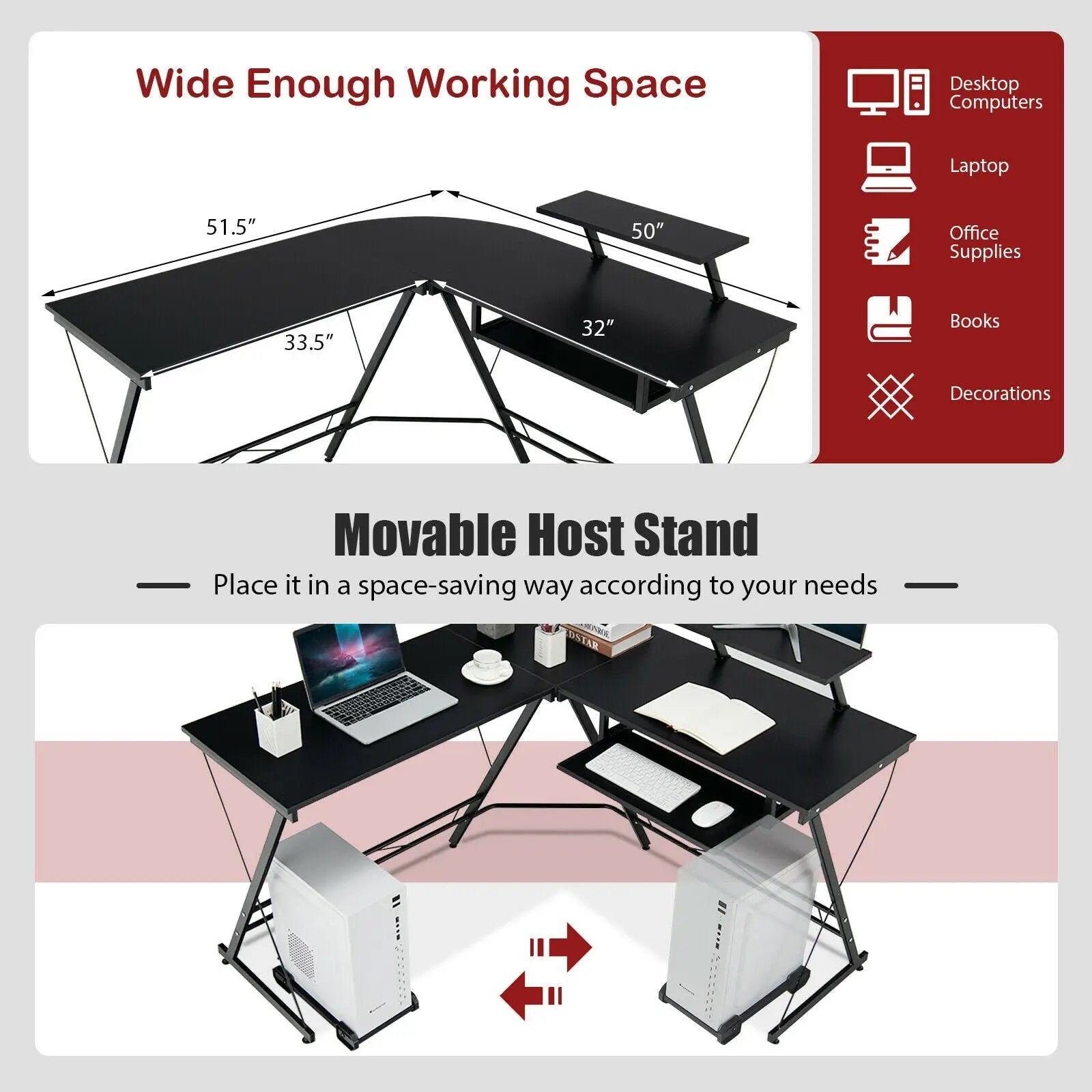 L Shaped Computer Desk Home Office Workstation with Movable Monitor Stand-Black by DirectDeals