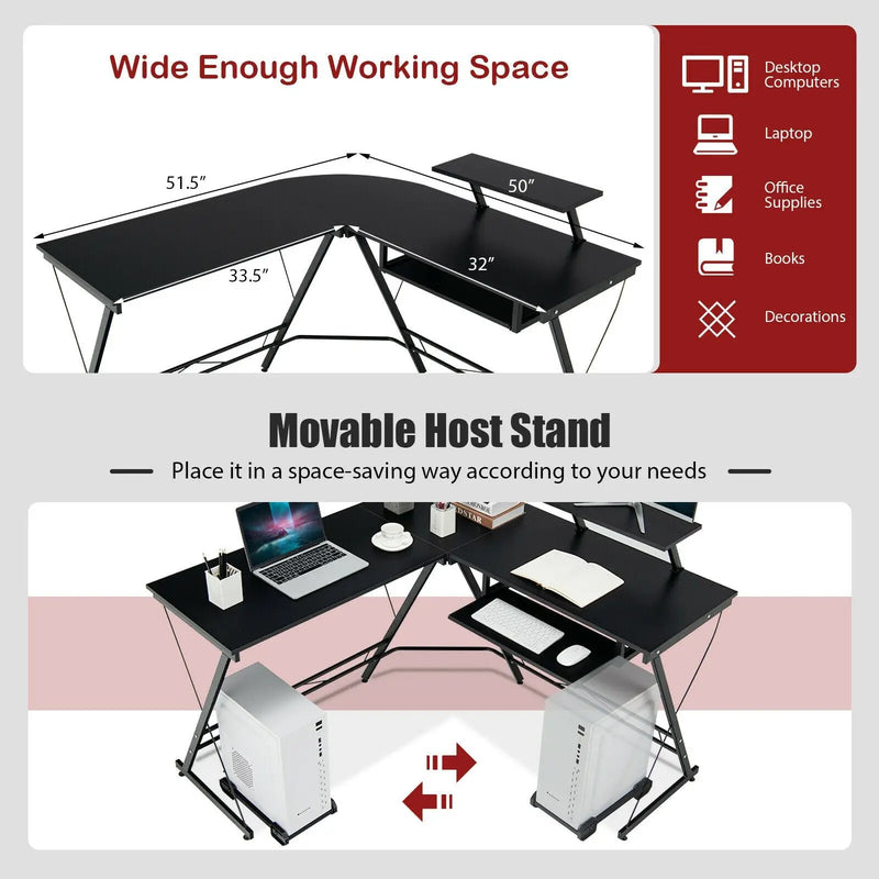 L Shaped Computer Desk Home Office Workstation with Movable Monitor Stand-Black by DirectDeals