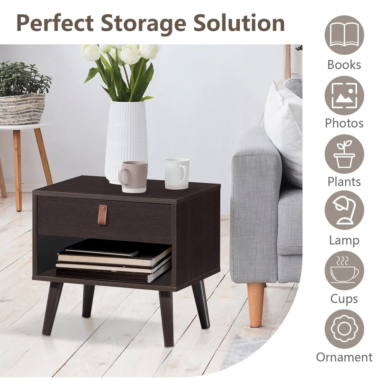 Nightstand Bedroom Table with Drawer Storage Shelf-Brown by DirectDeals