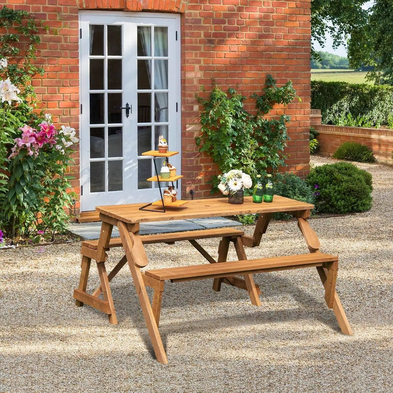 2-in-1 Transforming Interchangeable Wooden Picnic Table Bench with Umbrella Hole-Dark Brown by DirectDeals