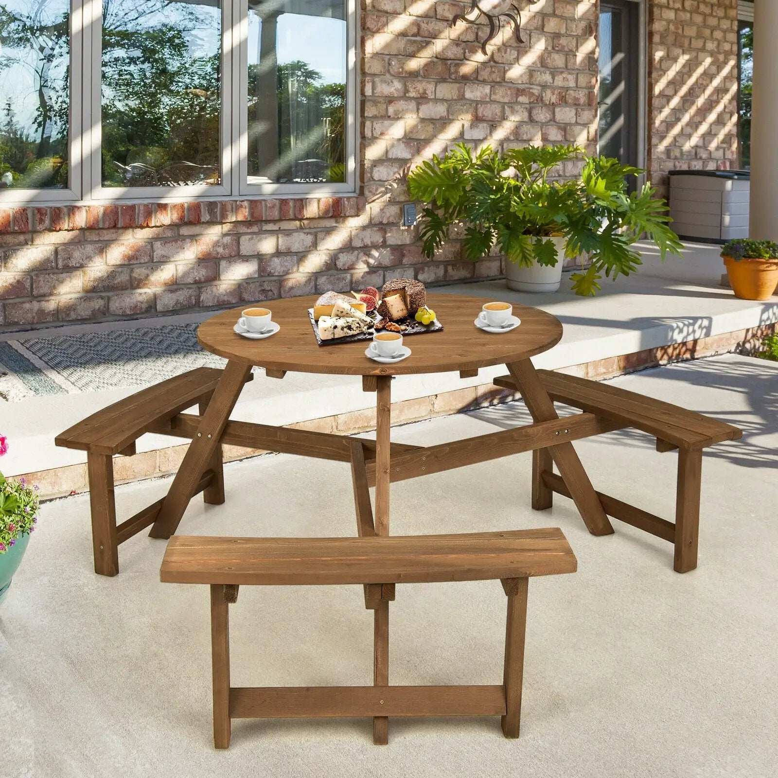 6-person Round Wooden Picnic Table with Umbrella Hole and 3 Built-in Benches-Dark Brown by DirectDeals