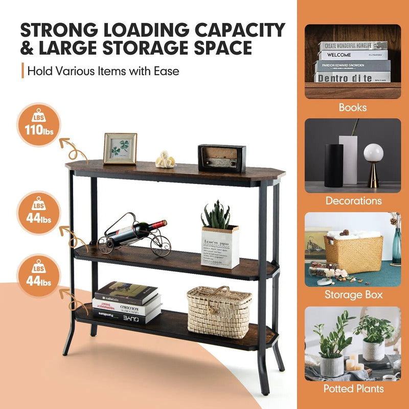 3-Tier Steel Frame Entryway Sofa Console Table for Hallway and Living Room-Rustic Brown by DirectDeals