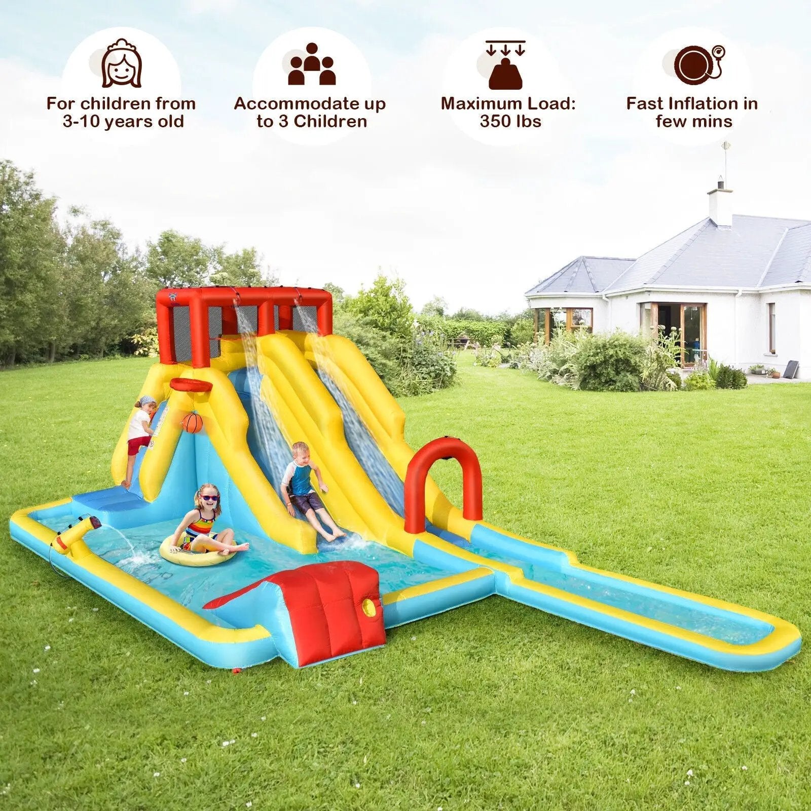 Inflatable Dual Slide Water Park Climbing Bouncer with 735W Air Blower by DirectDeals