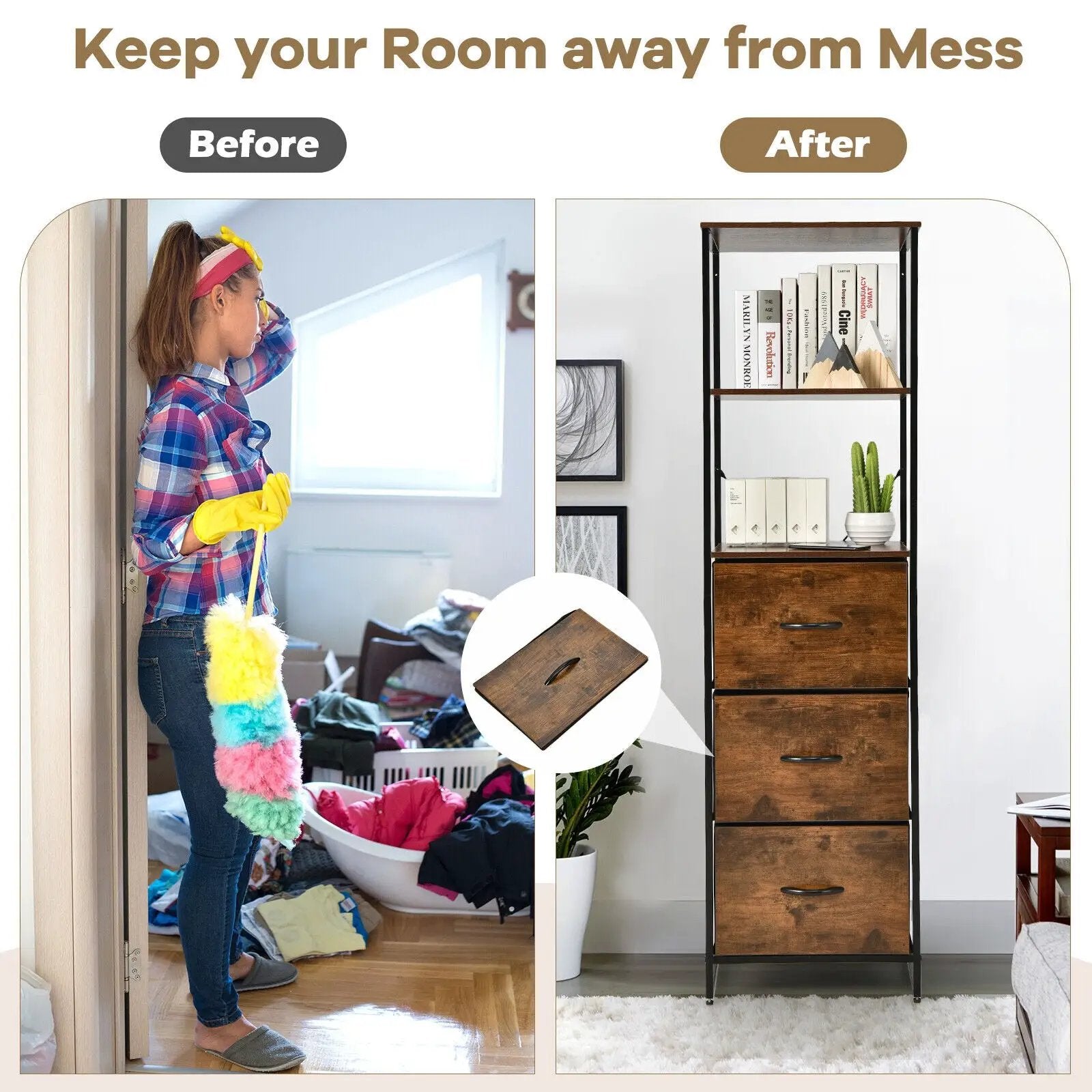Freestanding Vertical 3 Drawer Dresser with 3 Shelves-Rustic Brown by DirectDeals