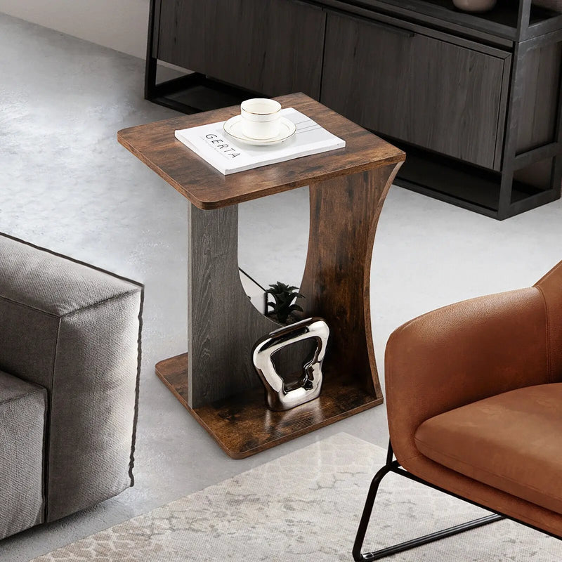 2-Tier Compact C-shape Sofa Side Table-Rustic Brown by DirectDeals
