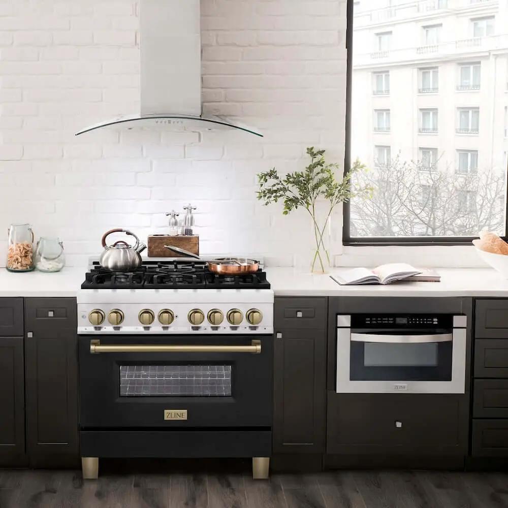 ZLINE 36" Autograph Dual Fuel Range, Black, Bronze, RAZ-BLM-36-CB by Farmhouse Kitchen and Bath