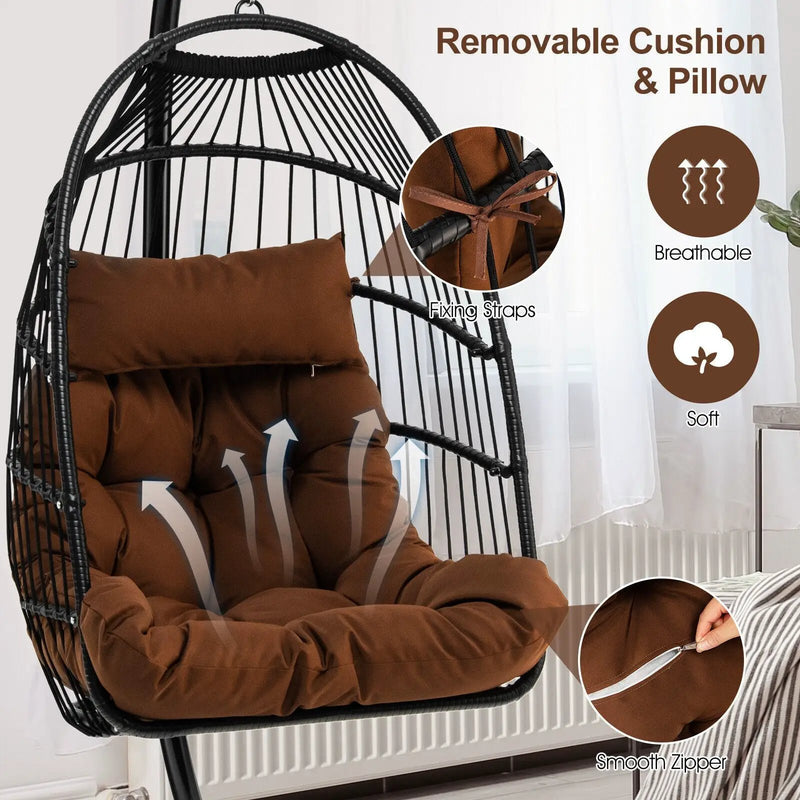 Patio Hanging Egg Chair with Stand Waterproof Cover and Folding Basket-Brown by DirectDeals