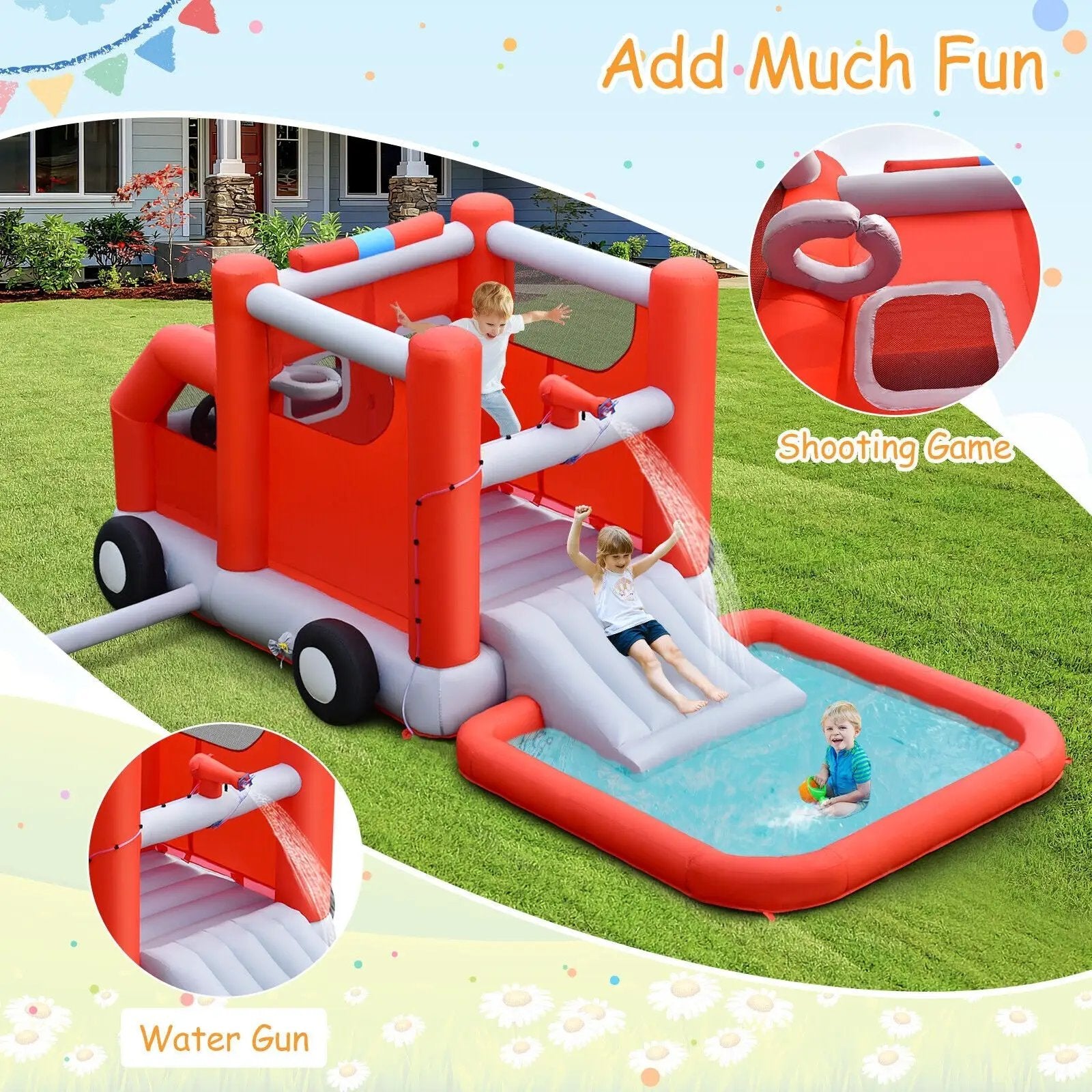Fire Truck Themed Inflatable Castle Water Park Kids Bounce House without Blower by DirectDeals