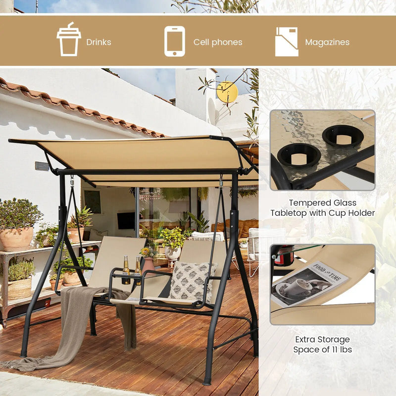 2-Seat Outdoor Cushioned Porch Swing with Adjustable Canopy and Tempered Glass Table-Beige by DirectDeals