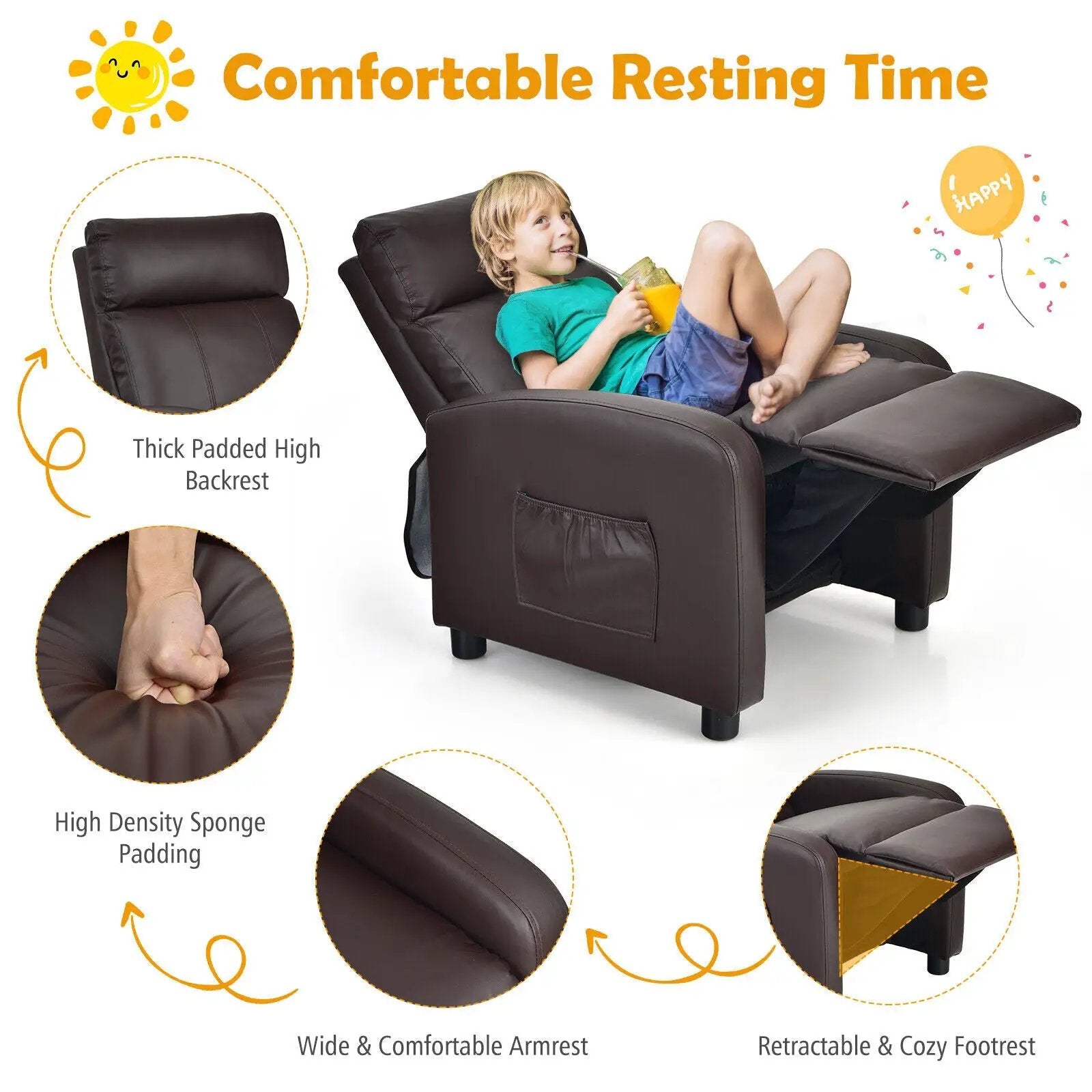 Ergonomic PU Leather Kids Recliner Lounge Sofa for 3-12 Age Group by DirectDeals