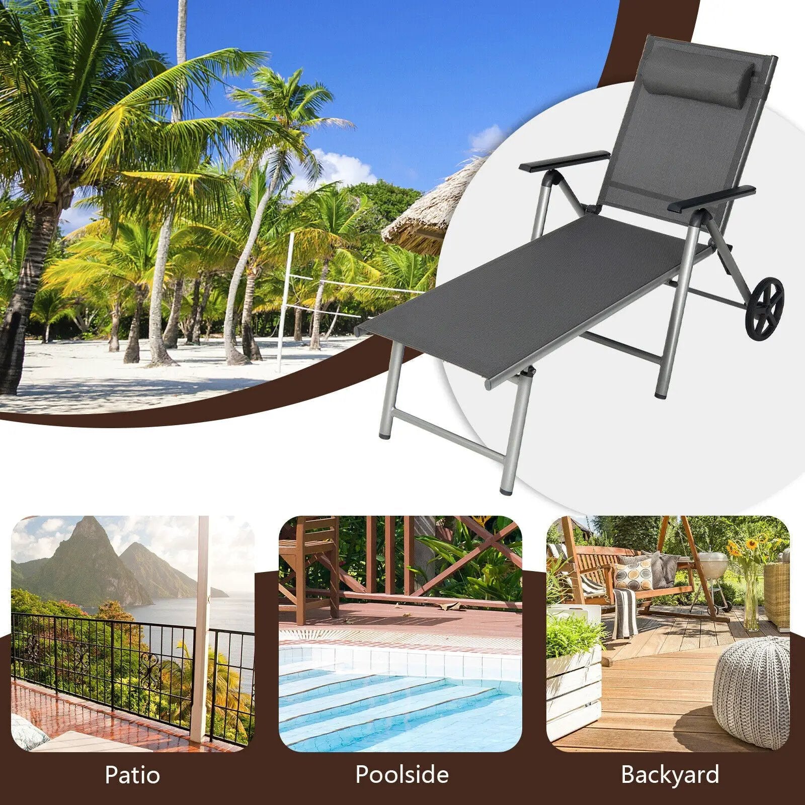 Adjustable Patio Folding Chaise Lounge Chair with Wheels by DirectDeals