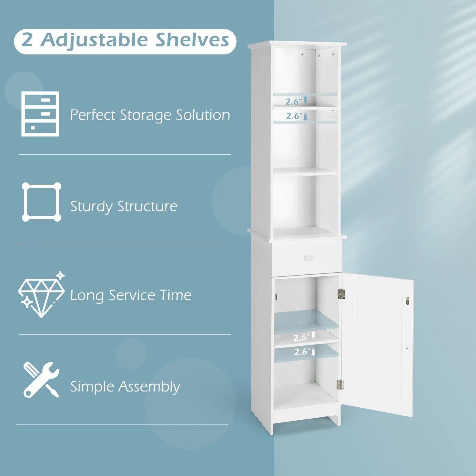 Bathroom Tall Freestanding Storage Cabinet with Open Shelves and Drawer-White by DirectDeals