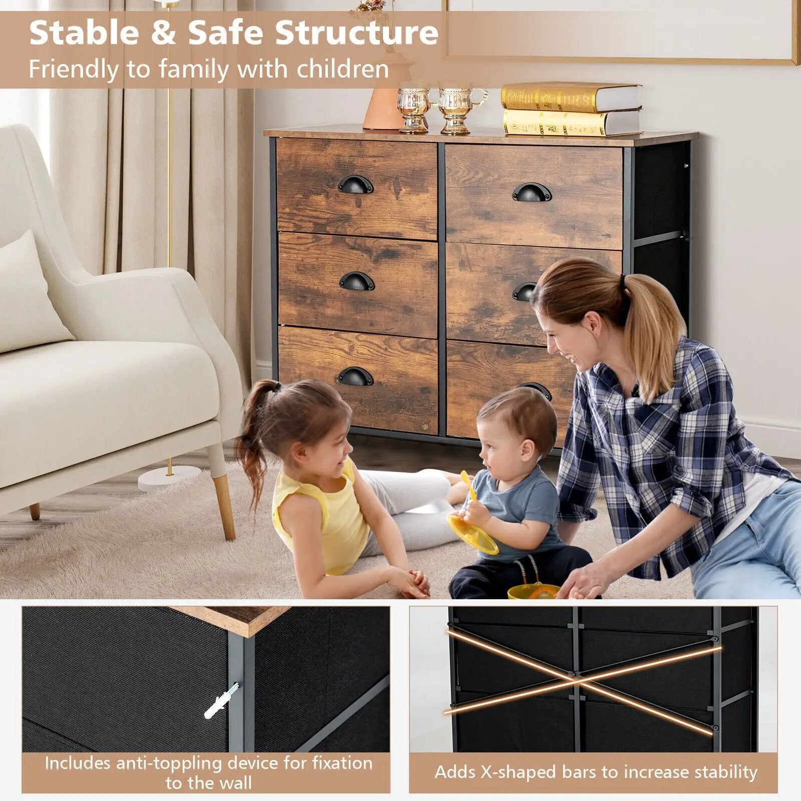 6 Fabric Drawers Storage Chest with Wooden Top by DirectDeals
