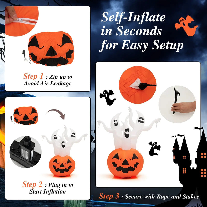 6 Feet Inflatable Halloween Ghosts with Pumpkin Decor and Rotating Lamp by DirectDeals