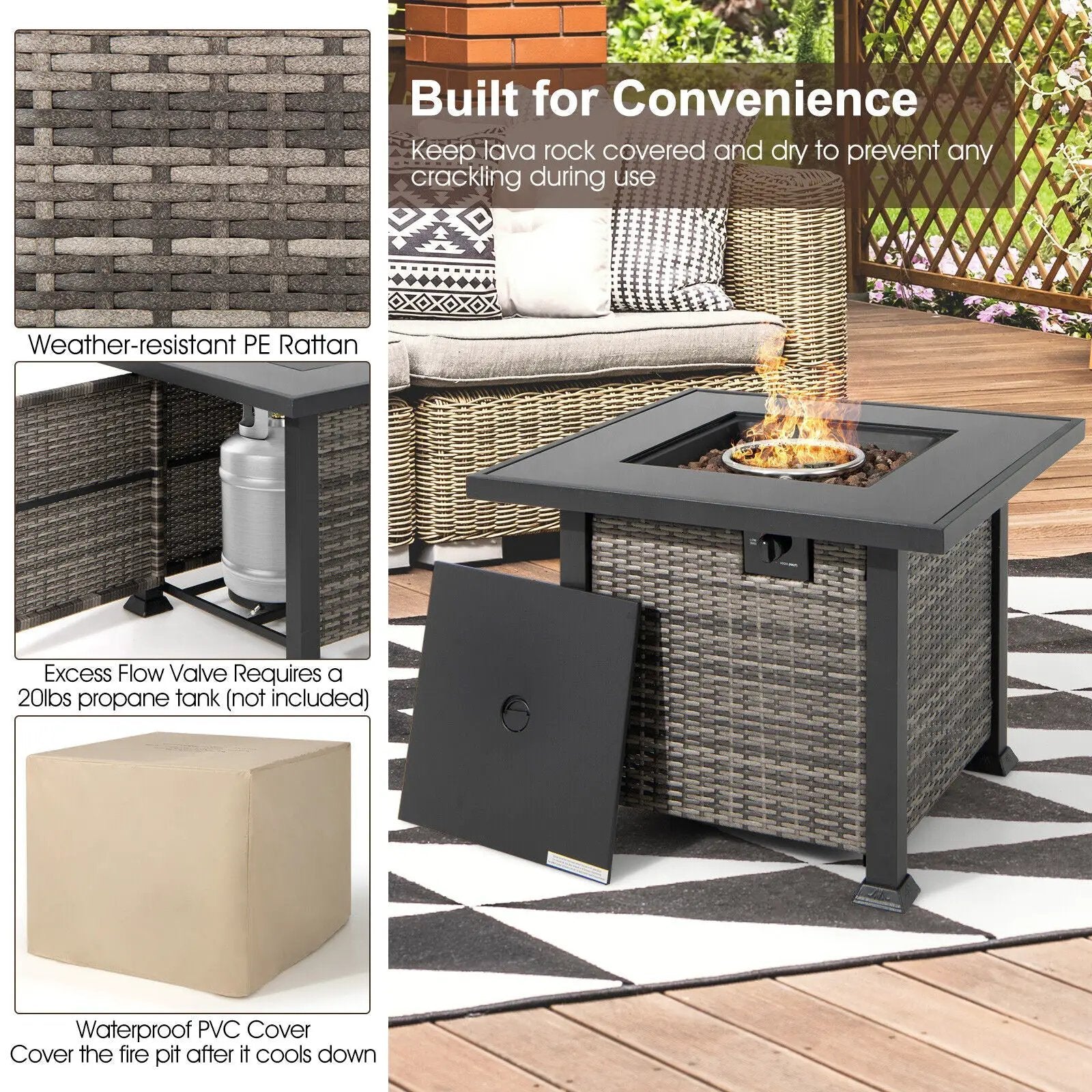 32 Inch Square Propane Fire Pit Table with Lava Rocks Cover by DirectDeals