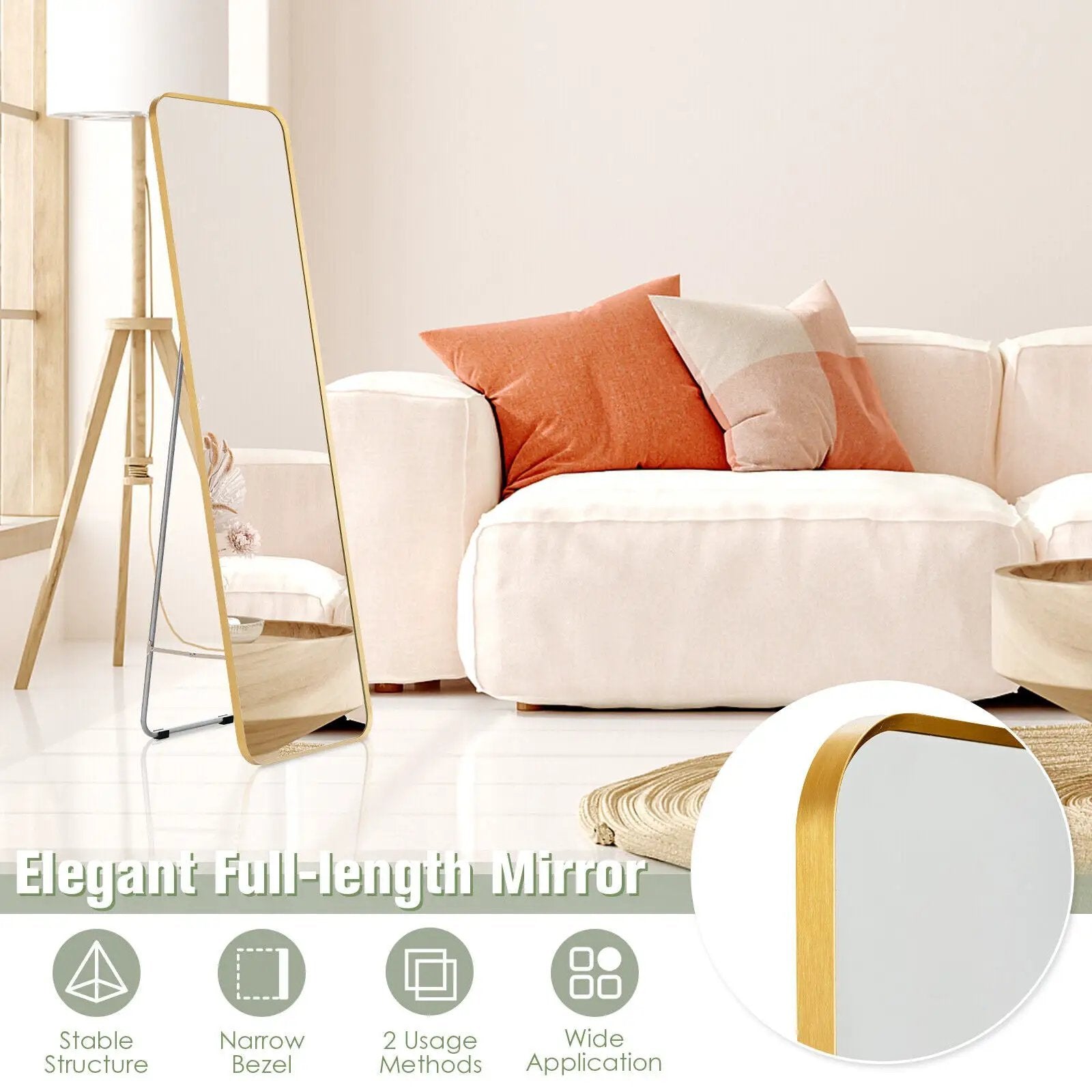 Full Length Wall Mounted Body Mirror with Free Standing Stand-Golden by DirectDeals