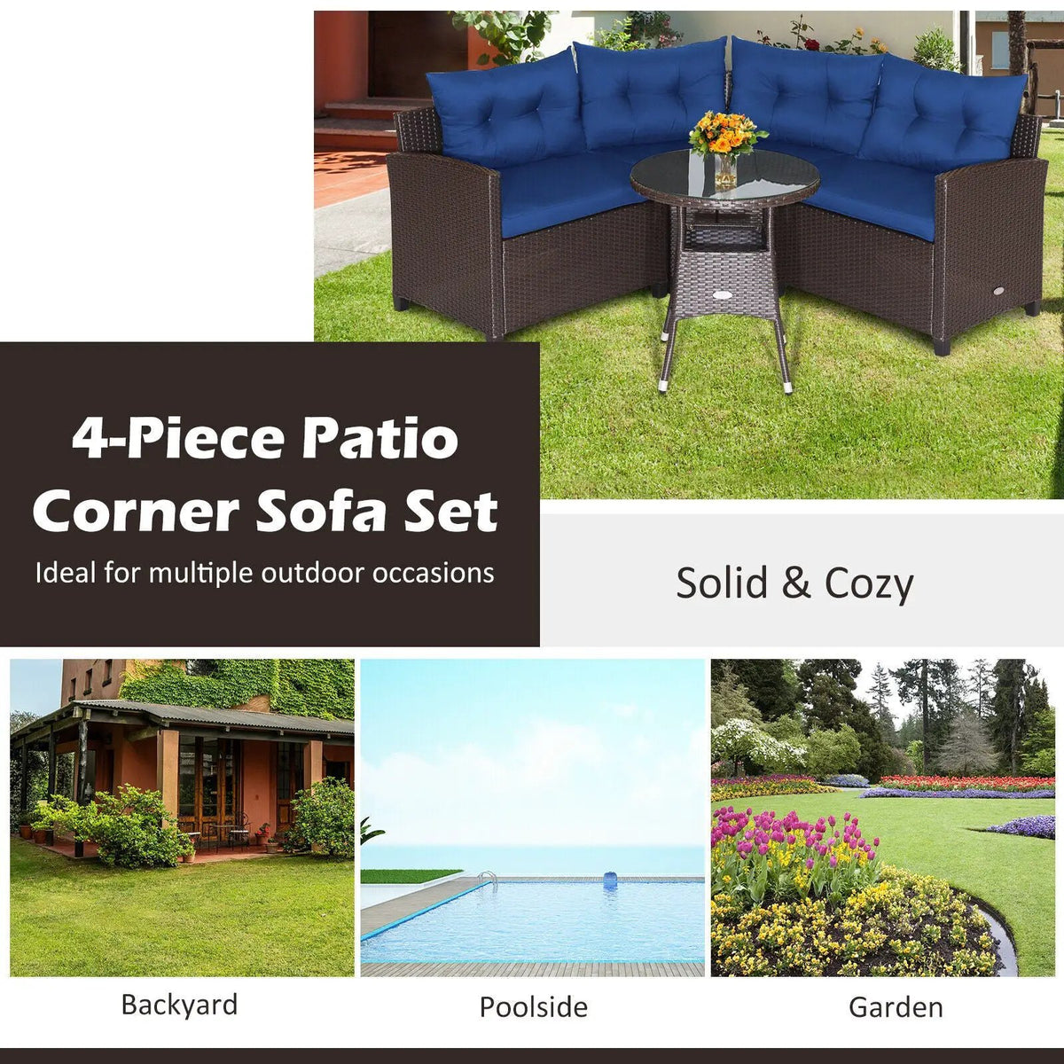 4 Pieces Patio Rattan Furniture Set Cushioned Sofa Glass Table, photo 3 of 16