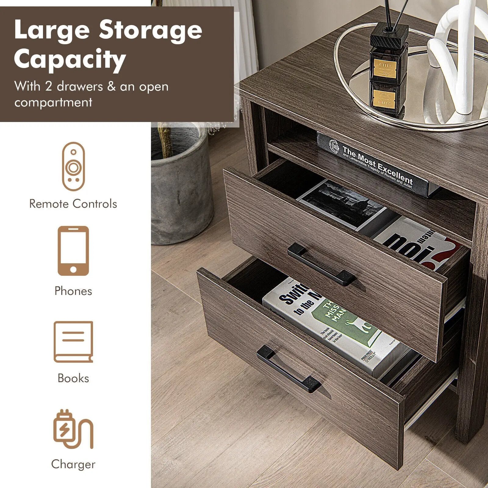 Modern Wood Grain Nightstand with Cable Hole and Open Compartment by DirectDeals