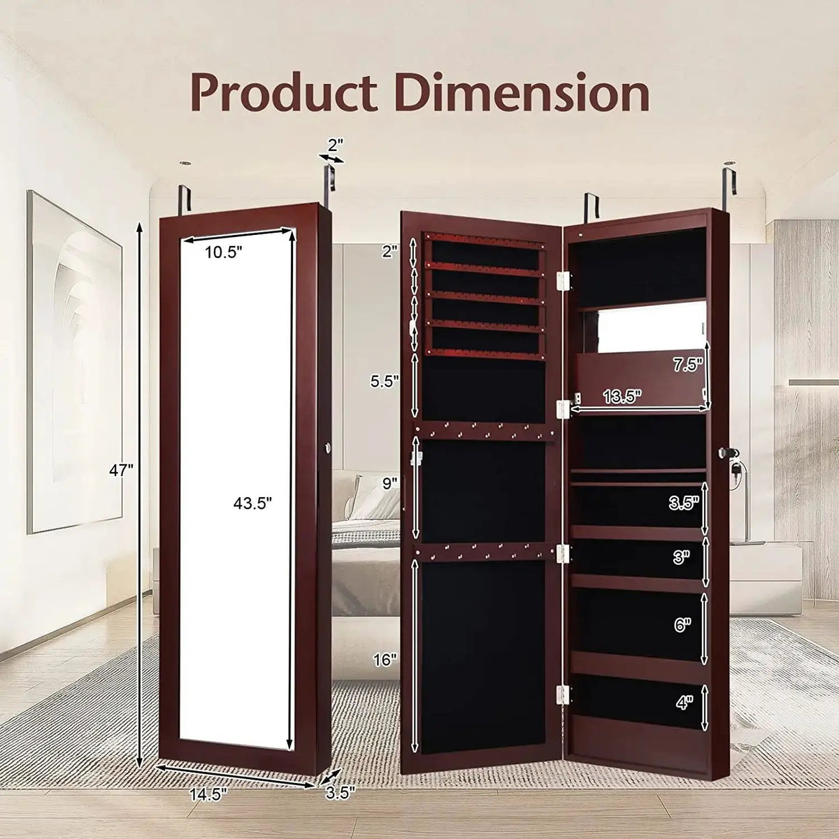 Lockable Wall Door Mounted Mirror Jewelry Cabinet w/LED Lights, photo 4 of 10