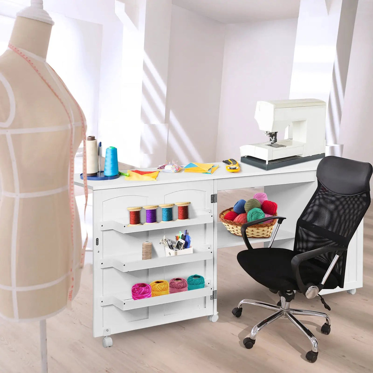 Folding Sewing Table Shelves Storage Cabinet Craft Cart with Wheels, photo 13 of 17