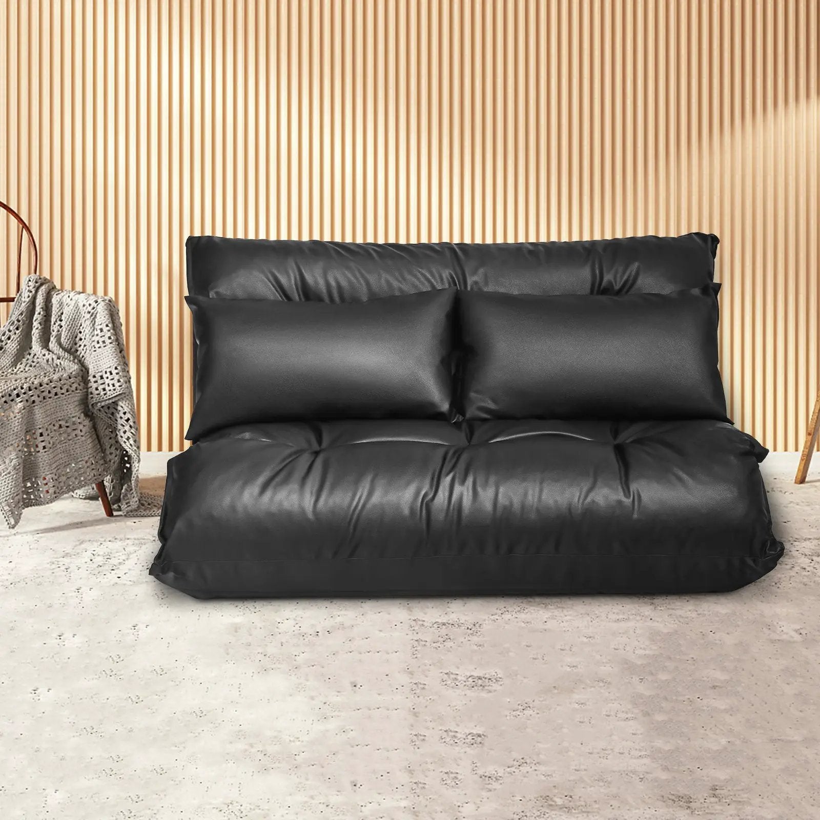 Foldable PU Leather Leisure Floor Sofa Bed with 2 Pillows-Black by DirectDeals